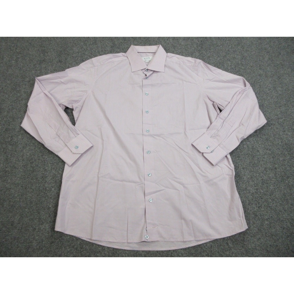 Eton Dress Shirt Mens 18 46 Pink Gingham Contemporary 100% Cotton Long Sleeve